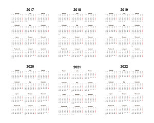 kalendarz zestaw na lata 2017 - 2022 - obrazy, fototapety, plakaty