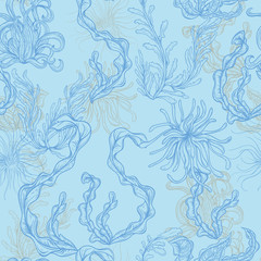 Fototapeta premium Collection of marine plants, leaves and seaweed. Vintage seamless pattern with hand drawn marine flora. Vector illustration in line art style.