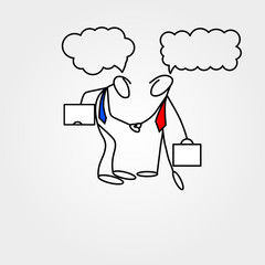 Cartoon icons of sketch stick bisiness figures in cute miniature scenes.