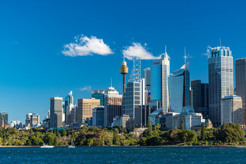 Naklejka premium Sydney skyline with Sydney Harbour and white yachts