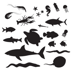 Sea Life Underwater Inhabitants Silhouettes