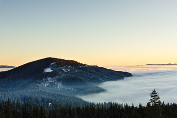 Obraz premium Fantastic orange evening landscape glowing by sunlight. Dramatic wintry scene with snowy trees. Carpathians, Ukraine, Europe. Merry Christmas