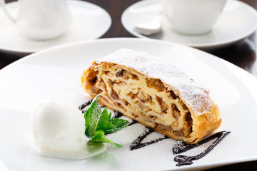Apple strudel with vanilla ice cream
