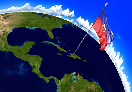 Haiti national flag marking the country location on world map. 3D rendering, parts of this image furnished by NASA