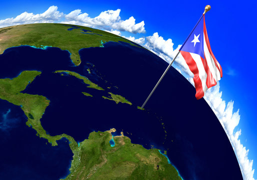 Puerto Rico national flag marking the country location on world map. 3D rendering, parts of this image furnished by NASA