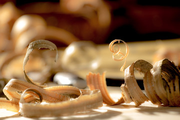Curled wooden shaving on wooden background