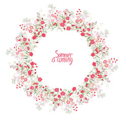 Round wreath made of flowers: roses, red berries, plants and herbs isolated on white background. Summer is coming phrase.