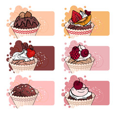 Set with different banners with sweet capcakes. For restaurant and cafe advertisement. Brown, beige and red color