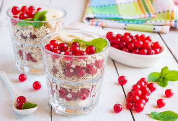 Healthy dessert with oat flakes and fresh fruit