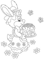 Easter rabbit holding a freshly backed and colorfully decorated holiday cake
