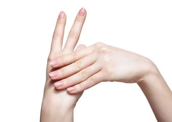 Poster Female hands with woman's professional natursl pink nails manicu © Serg Zastavkin