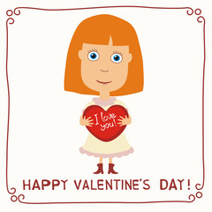 Happy Valentine's Day! I Love You! Little girl with heart in hands. Valentines day card with girl in cartoon style.