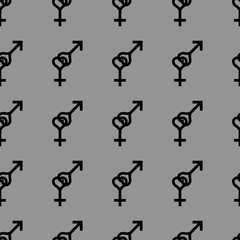 Seamless pattern. Female and male romantic collection. Female and male small black heart signs same sizes. Pattern on gray background. Gender icons. Vector illustration