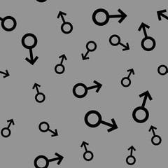 Seamless pattern with black male symbols. Male small signs different sizes. Pattern on gray background. Vector illustration