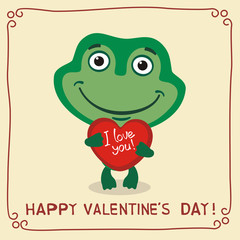 Happy Valentine's Day! I Love You! Funny frog with heart in hands. Valentines day card with frog in cartoon style.