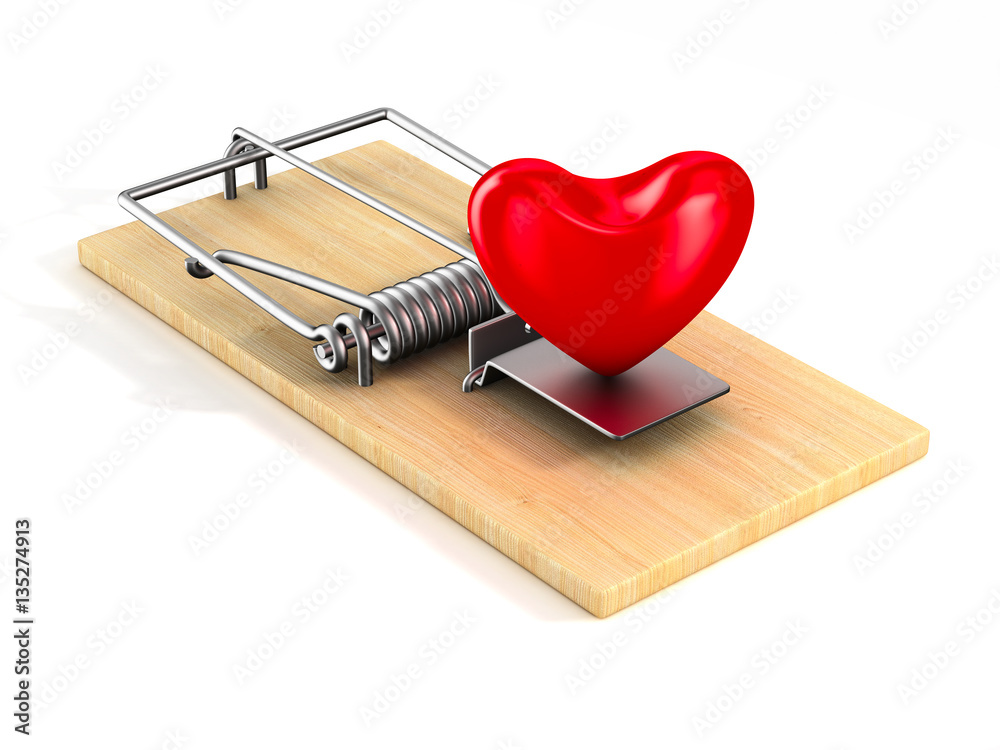 Wall mural heart in mousetrap. isolated 3d image