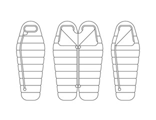 Sleeping bag spread out and ready to use, unbuttoned and buttoned, Packed in a roll and compressed by the bag. Vector illustration of linear, flat isolated on white background.