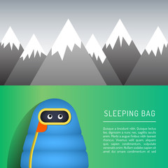 The character is in a sleeping bag sleeping on green grass on a background of mountains in the camp