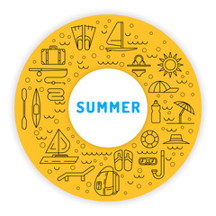 Icons set for summer holiday and travel. Elements on the theme of summer, travel, trekking, vacation, weekend beach vacation.