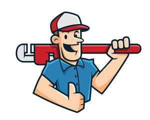 Plumber mascot, plumber character, worker cartoon