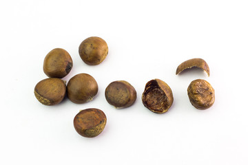 Bunch of horse chestnuts isolated on white background