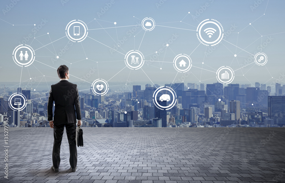 Poster back view of business person and wireless communication network concept, Internet of Things, Smart City, Smart Grid, Information Communication Technology, abstract image visual