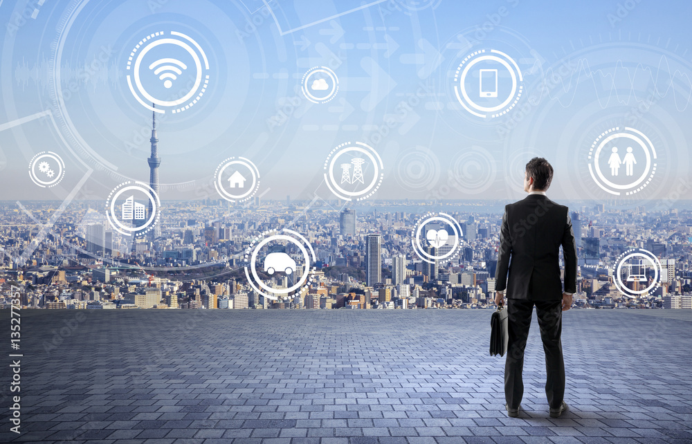 Poster back view of business person and wireless communication network concept, internet of things, smart c