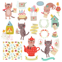 Fototapeta na wymiar Set of cute illustrations and characters. Cats, birds, floral pattern, letter.