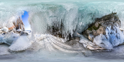 360 180 panorama dawn in an ice cave with icicles on Baikal, Olk