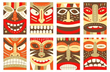 Set banner, background, flyer, placard with tiki tribal mask