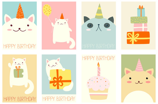 Set of birthday banners with cute cats