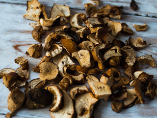 Dried Mushrooms on wooden background.