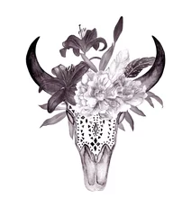 Fototapete Boho Aquarell Stierkopf mit Blumen und Federn. Boho-Stil. Druck für Tattoo, Tapete, T-Shirts