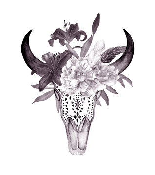 Watercolor bull's head with flowers and feathers. Boho style. Print for tattoo, wallpaper, t-shirts