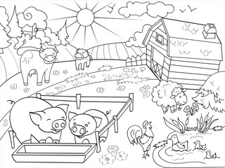 Farm animals and rural landscape coloring vector for adults