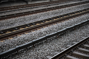 View of the Shin Yokohama rail station in Japan. In this picture, the rail tracks are seen on which the train passes.