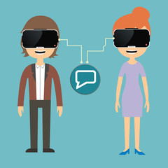 Man and woman chatting via virtual reality glasses