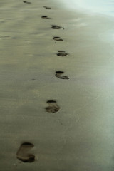 Adult human footprints or foot steps on grey sandy beach
