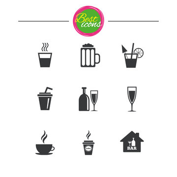 Cocktail, beer icons. Coffee and tea drinks.
