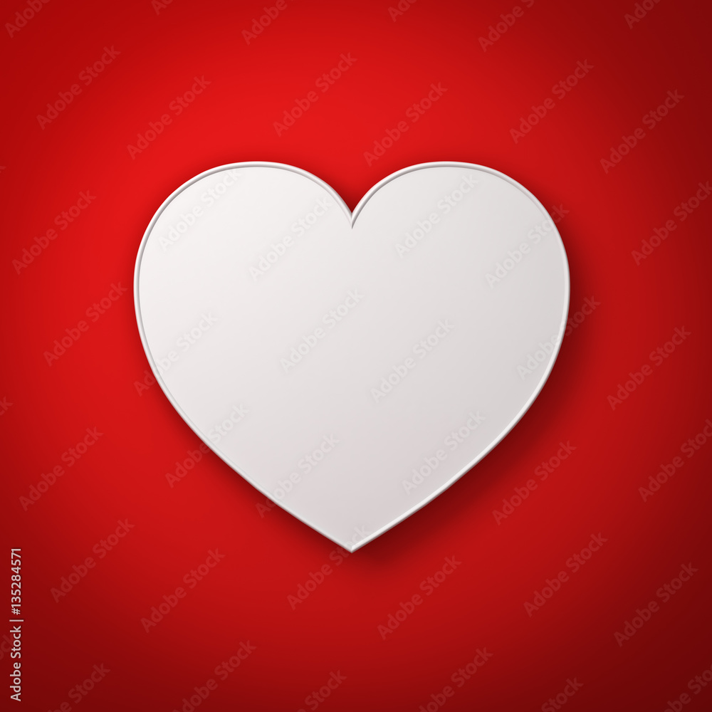 Poster White heart shape on red wall background with shadow, valentines day background 3D rendering
