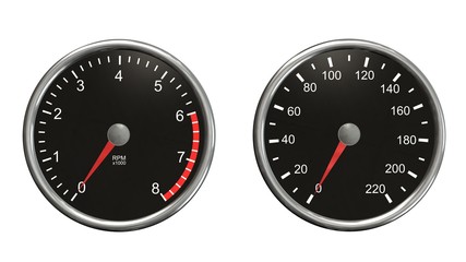Tachometer and speedometer. Round gauges in chrome frames isolated on white background