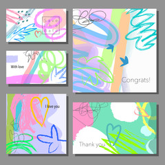 Set of artistic colorful universal cards. Wedding, anniversary, birthday, holiday, party. Design for poster, card, invitation.