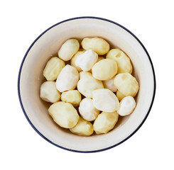 raw peeled potatoes isolated on white background, top view