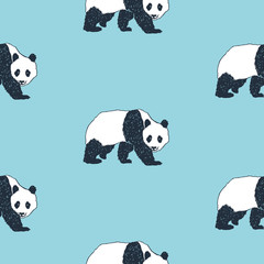 Seamless pattern with hand drawn panda vector illustration. Blue background.