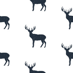 Seamless pattern with hand drawn deer vector illustration. White background.