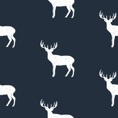 Seamless pattern with hand drawn deer vector illustration. Black background.
