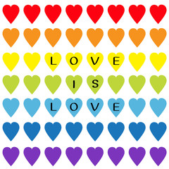 Love is love black text. Rainbow heart set. Seamless Pattern. Wrapping paper, textile template. Lgbt sign symbol. Gay flag color. White background. Isolated. Flat design.