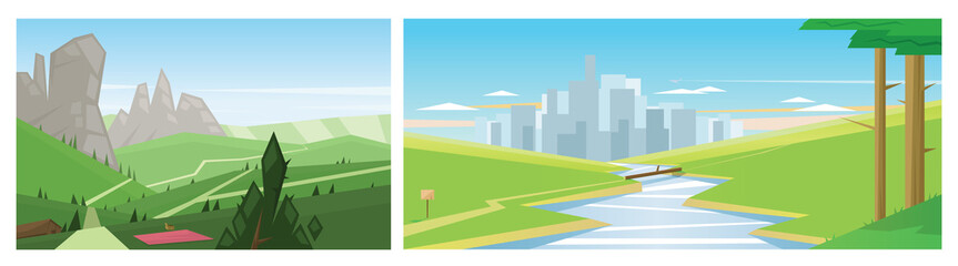Digital vector abstract background collection set with trees, a river and cityscape view with high buildings, green fields, flat cartoon triangle style