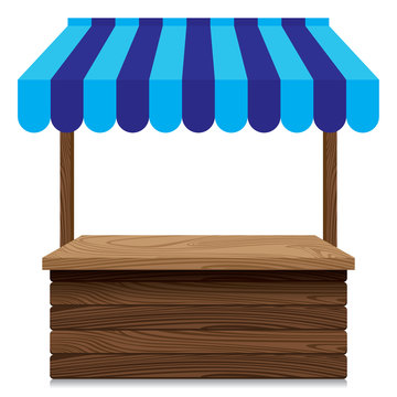 Wooden Market Stall With Blue Awning On White Background.