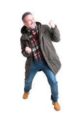Full body man posing being successful wearing winter casual clot